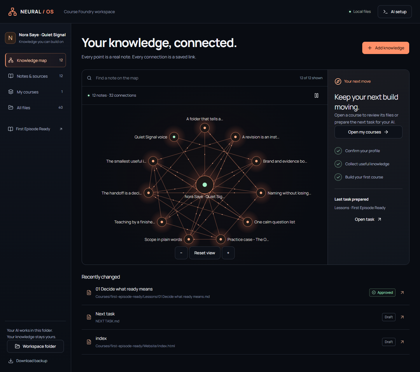 Actual Neural OS app showing the knowledge map, notes and course workspace
